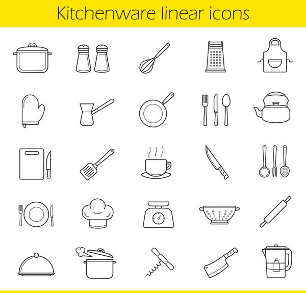 Kitchenware linear icons set