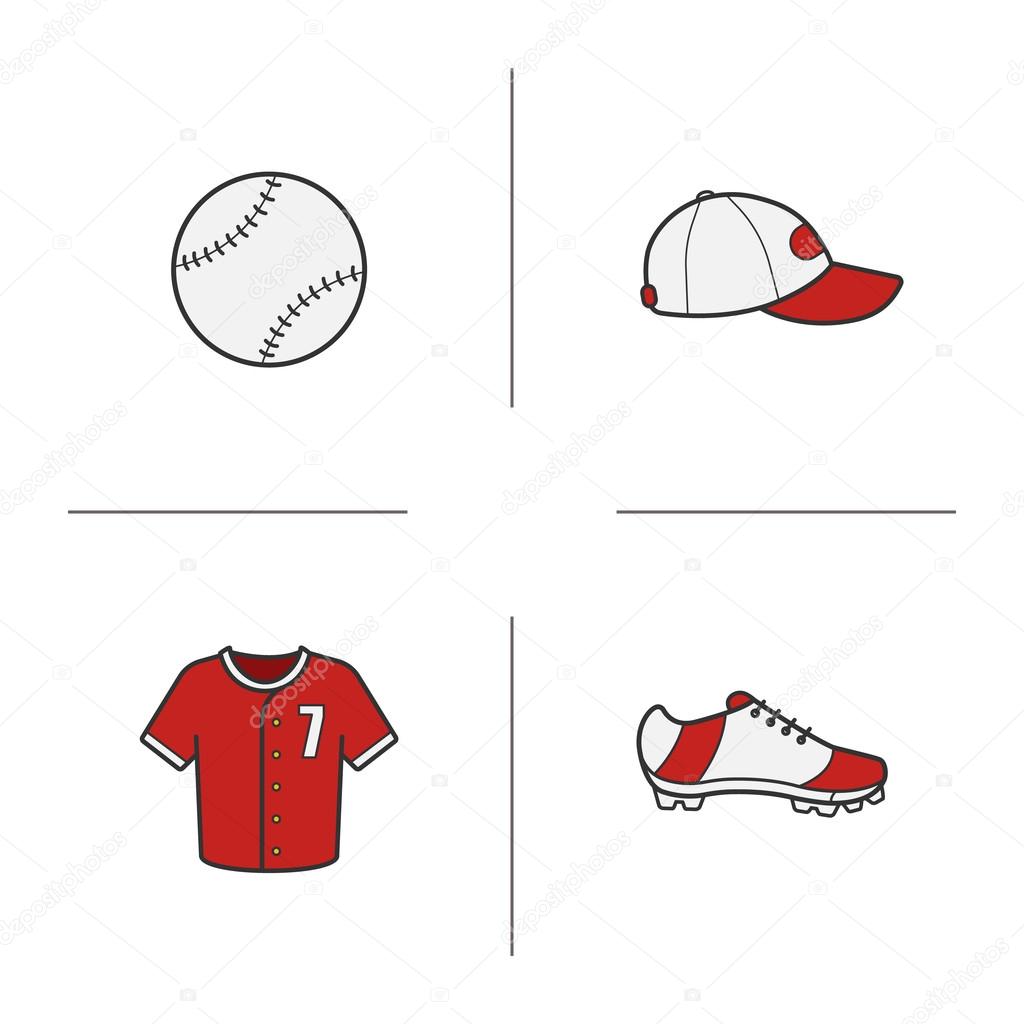 Baseball accessories color icons set