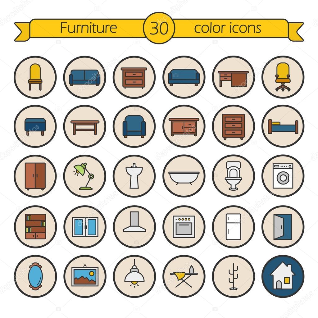 House furniture color icons set. Bedroom, living room, bathroom and kitchen furniture. Vector isolated illustrations