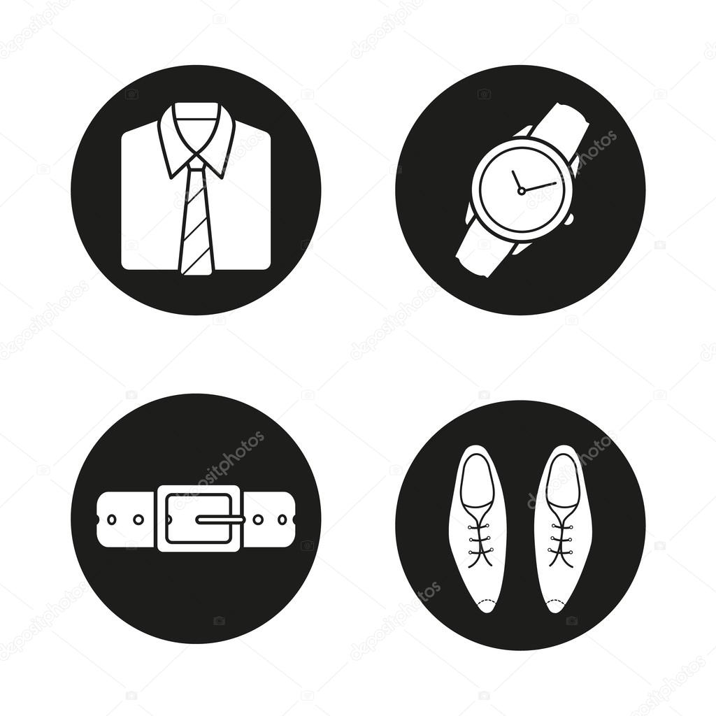 Men's accessories icons set. Shirt and tie, wristwatch, leather belt and classic shoes. Vector white silhouettes illustrations in black circles