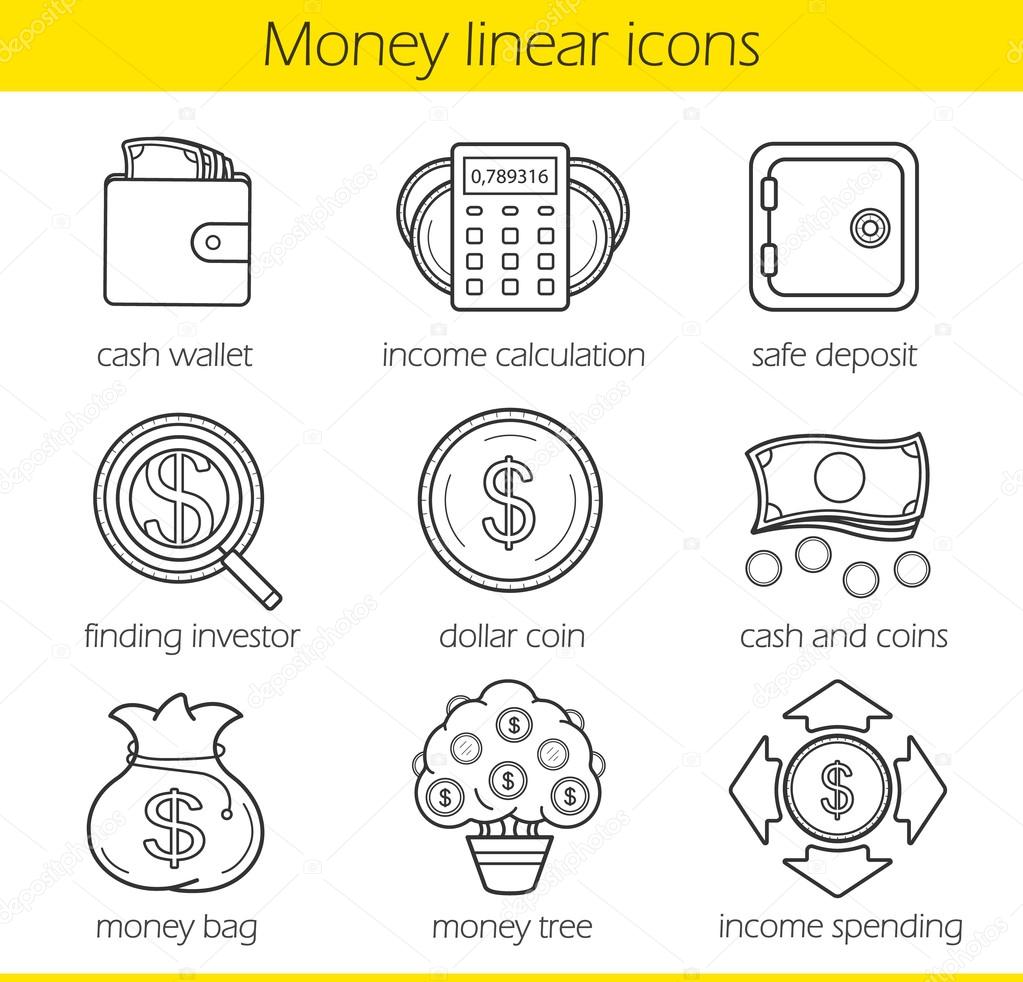 Money linear icons set. Cash wallet, income calculation and safe deposit. Money bag, income spending, dollar coin, finding investor and money tree. Thin line. Isolated vector illustrations