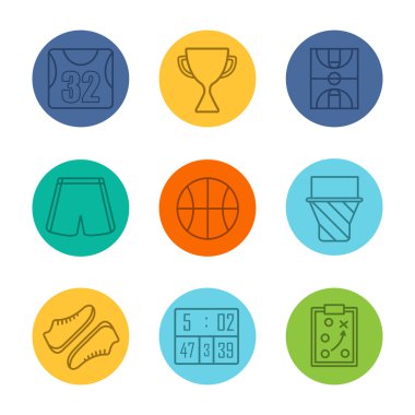 Basketbol ekipmanları lineer simgeler seti