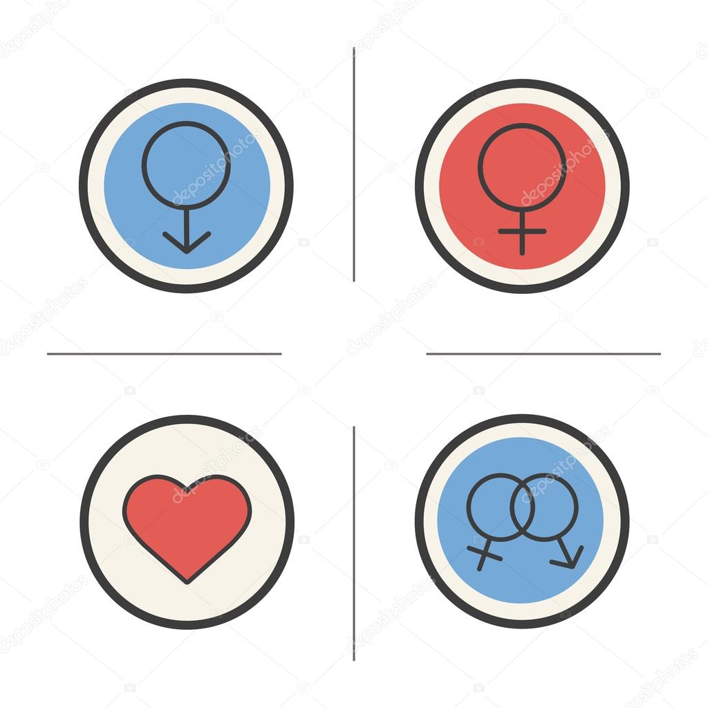 Gender symbols color icons set. Mars and Venus emblems, heart and interlocked male and female signs. Love vector isolated illustrations