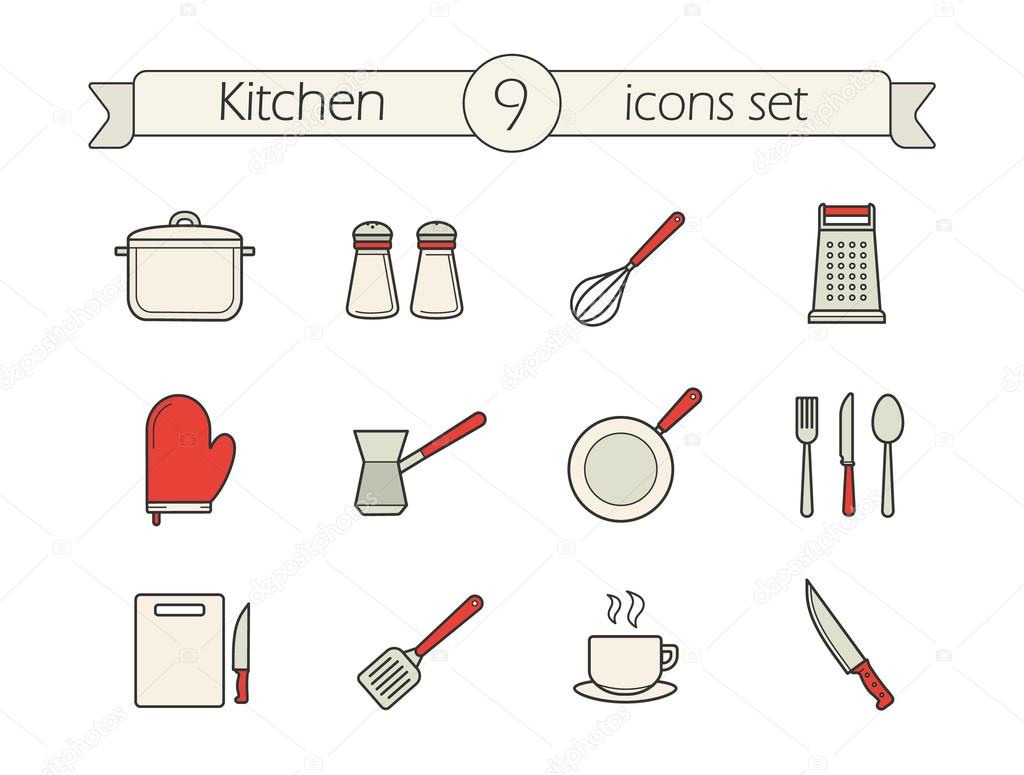 Kitchen utensils color icons set
