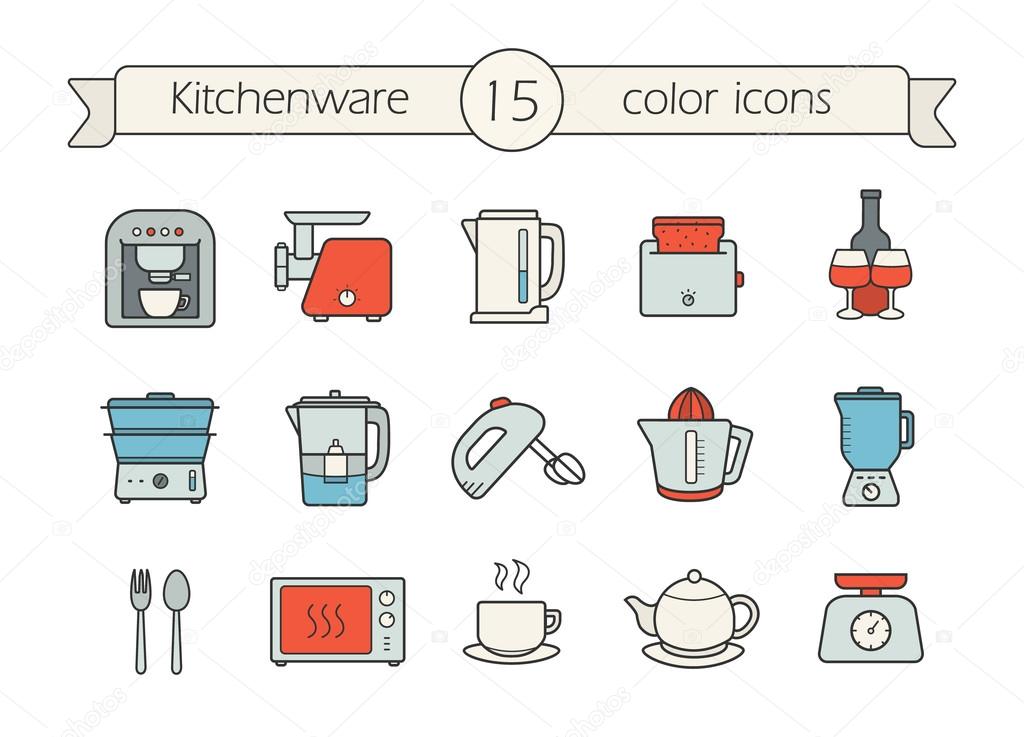 Kitchen appliance color icons set