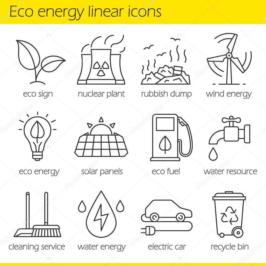 Eco energy linear icons set. Electric car, nuclear plant, rubbish dump, wind power, solar panels, green energy, water resource, bio fuel, cleaning service. Thin line. Isolated vector illustrations
