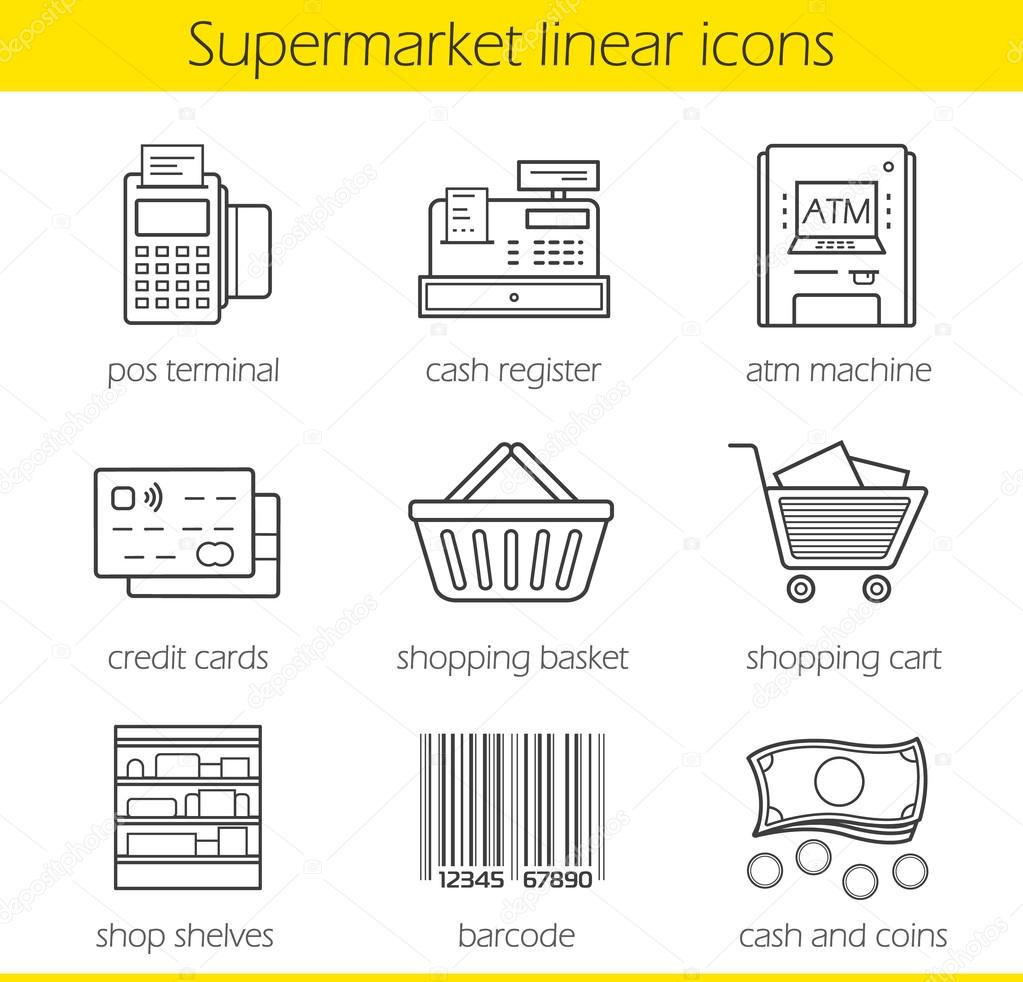 Supermarket shopping linear icons set