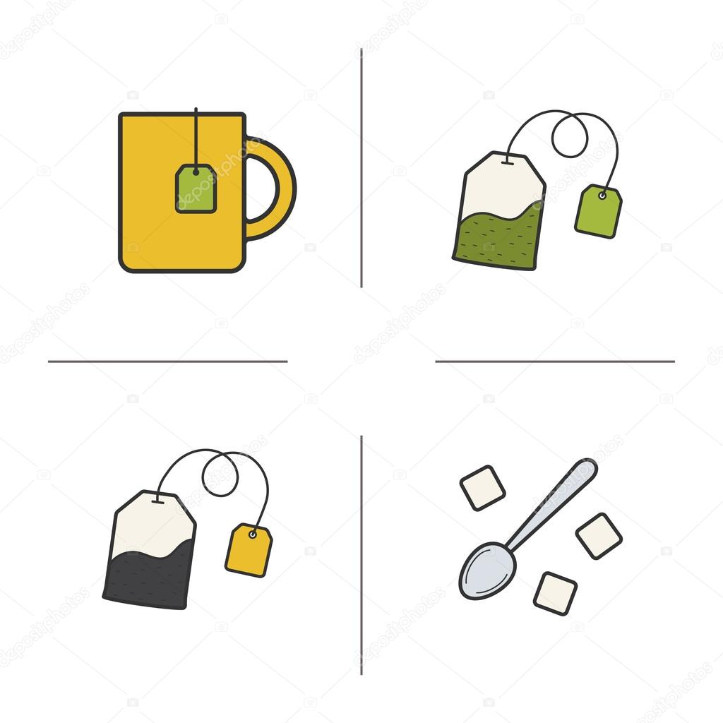 Tea color icons set. Teacup, black and green tea bags and spoon with raffinade. Vector isolated illustrations