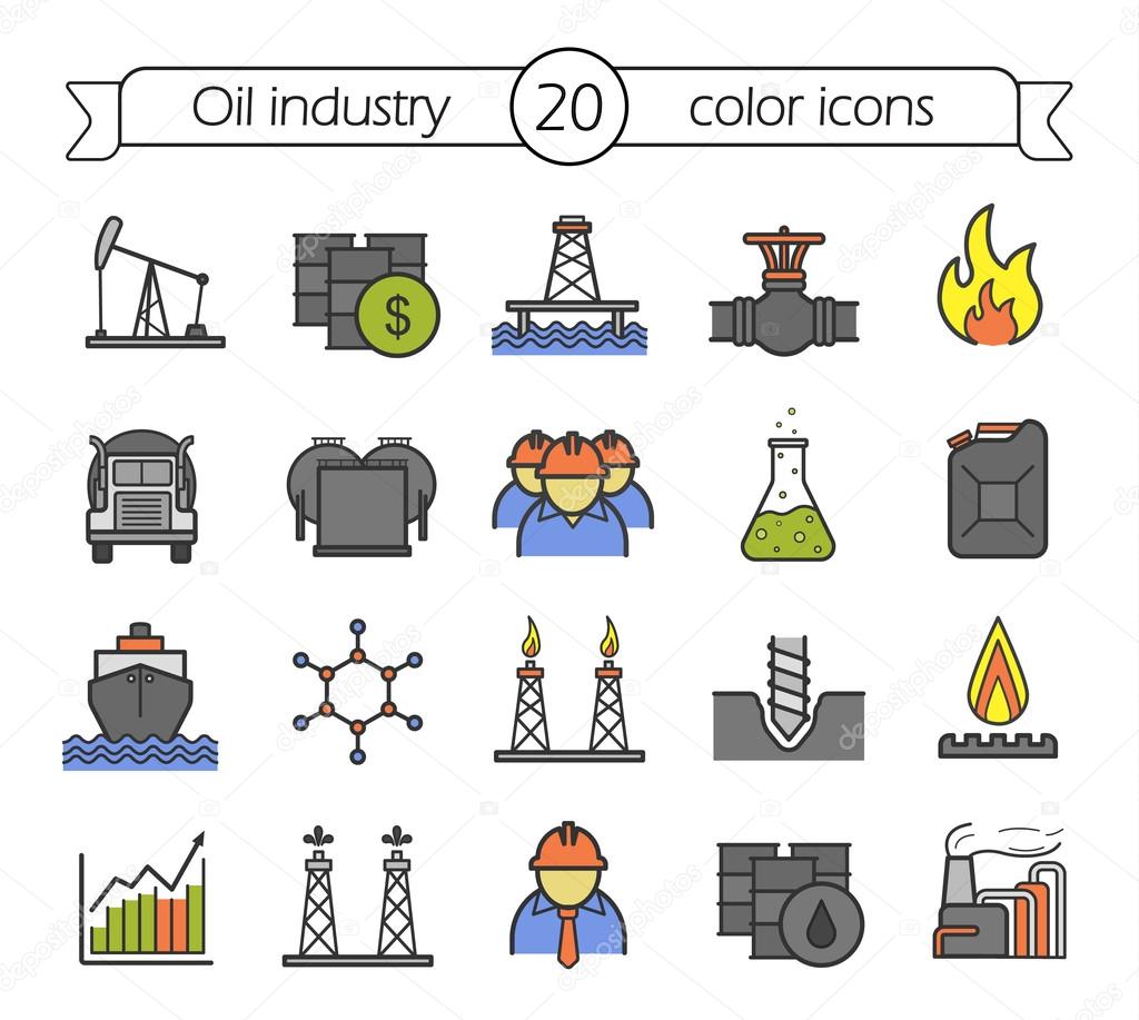 Oil industry color icons set. Oil platform, tanker, storage, worker, barrel, cargo ship, gas pipeline, flame, petrol trade, drill bit. Vector isolated illustrations