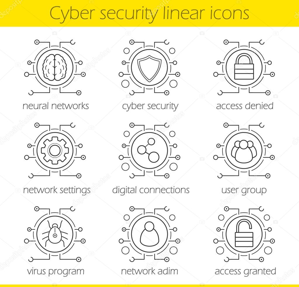 Cyber security linear icons set