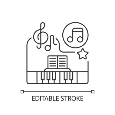 Klasik müzik pikseli mükemmel doğrusal simge. Piyano tuşları. Defter defteri. Şarkı notaları. Sakin müzik türü. İnce çizgi özelleştirilebilir illüstrasyon. Contour sembolü. Vektör izole çizim. Düzenlenebilir vuruş