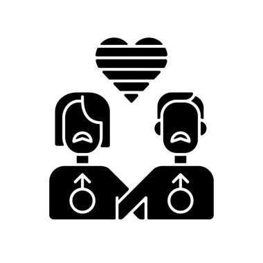 Eşcinsel ilişkisi siyah sembol. Gurur dolu bir hayat. Biseksüel özgürlük. Farklı bir aşk. Aynı cinsiyetten çift. Eşit haklar. Gökkuşağı bayrağı. Beyaz uzayda siluet sembolü. Vektör izole illüstrasyonu