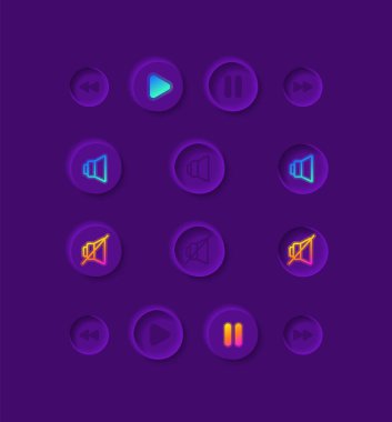 Müzik çalar UI eleman kiti. Dur ve çal düğmesini. Çokluortam ayarları izole vektör simgesi, çubuk ve gösterge paneli şablonu. Koyu temalı mobil uygulama için web tasarım gereçleri koleksiyonu