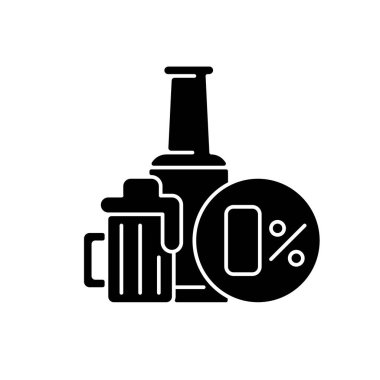Alkolsüz bira siyah kabartma simgesi. Güvenli bir içecek. Barda şişelenmiş ruh. Bar menüsünde sıvı. İçecekte alkol seviyesi yok. Alkolsüz içecek. Beyaz uzayda siluet sembolü. Vektör izole illüstrasyonu