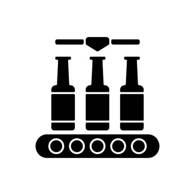 Şişeleme siyah kabartma simgesi. Endüstriyel alkol. Taşıma bandında içecek paketi. Otomatik bira paketleme işlemi. Beyaz uzayda siluet sembolü. Vektör izole illüstrasyonu