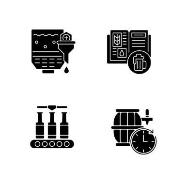 Bira üretimi siyah kabartma sembolleri beyaz alana dizildi. Alkol üretimi için tarif. İçecek üretim basamağı. Şişeleme sıvısı. Fıçı bira. Siluet sembolleri. Vektör izole illüstrasyonu