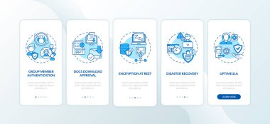 Mobil uygulama sayfası ekranında konseptlerle birlikte uzak görev aracı güvenlik parametreleri. Doktorlar 5 aşamalı grafik talimatları onaylıyor. RGB renk resimleriyle UI vektör şablonu