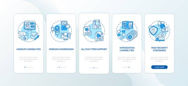 Çevrimiçi inceleme aracı kavramları ile mobil uygulama sayfa ekranında özellikleri. Markup, görüş karşılaştırması 5 adım grafik talimatlar. RGB renk resimleriyle UI vektör şablonu