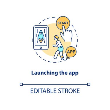 Uygulama konsepti simgesi başlatılıyor. Sosyal medya bağımlılığı fikri ince çizgi çizimi. Mobil oyunlar, sosyal medya ile dikkat dağıtma. Kendine hakim ol. Vektör izole edilmiş RGB renk çizimi. Düzenlenebilir vuruş