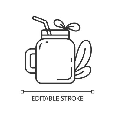 Smoothie pikseli mükemmel doğrusal simge. Lezzetli organik meyveli içecek fikirleri. Çeşitli vejetaryen yemekleri. Eko yaşam tarzı. Yapraklı cam. Vejetaryen yemekleri. İnce çizgi özelleştirilebilir illüstrasyon. Contour sembolü. Vektör izole çizim. Düzenlenebilir vuruş