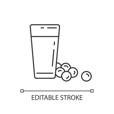 Soya sütü pikseli mükemmel doğrusal simge. Organik içecek tipleri. Sağlıklı içme sıvıları. İnce çizgi özelleştirilebilir illüstrasyon. Contour sembolü. Vektör izole çizim. Düzenlenebilir vuruş