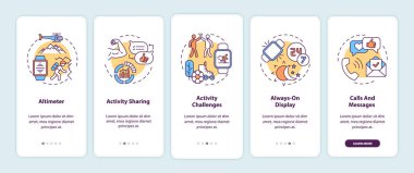 Akıllı saat, konseptli mobil uygulama sayfası ekranında yer alır. Yükseklik ölçer, aktivite 5 adımlık grafik talimatlara meydan okuyor. RGB renk resimleriyle UI vektör şablonu