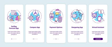 Akıllı saat elemanları mobil uygulama sayfa ekranında kavramlarla birlikte. Sörf tahmini uygulaması, pusula taraması 5 adım grafik talimatı. RGB renk resimleriyle UI vektör şablonu