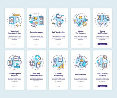 Akıllı saat, mobil uygulama sayfa ekranına kavramları olan ipuçları yükler. Sağlık denetimi 5 aşamalı grafik talimatlar. RGB renk resimleriyle UI vektör şablonu