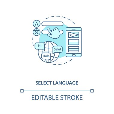 Dil konsepti simgesi seçin. Talimat fikri ince çizgi çizimi. Aygıt sıfırlanıyor. Dil tercihini değiştir. Vektör izole edilmiş RGB renk çizimi. Düzenlenebilir vuruş
