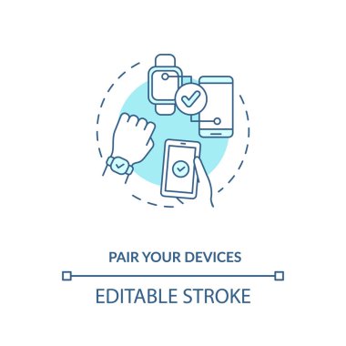 Çift aygıtları konsept simgesi. Talimat fikri ince çizgi çizimi. Başarılı bağlantı süreci. Keşfedilebilir mod. Vektör izole edilmiş RGB renk çizimi. Düzenlenebilir vuruş