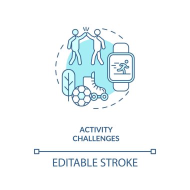 Etkinlik kavram simgesine meydan okuyor. Aygıt kapasitesi fikri ince çizgi çizimi. Fitness takip cihazı. Aileyle rekabet. Motivasyon. Vektör izole edilmiş RGB renk çizimi. Düzenlenebilir vuruş