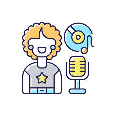 Soul müzik RGB renk simgesi. Notalı vinil. Retro mikrofon. Kapüşonlu tişörtlü şarkıcı kadın. Zarif şarkılar tarzında. İzole vektör illüstrasyonu