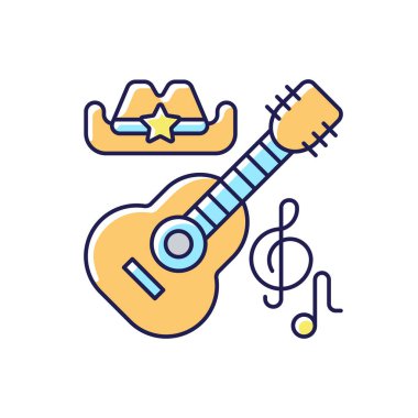 Country müzik RGB renk simgesi. Akustik gitar çalan tipler. Geleneksel Batı Amerika kovboy şapkası. Şarkı notaları. Ulusal Kültür. İzole vektör illüstrasyonu