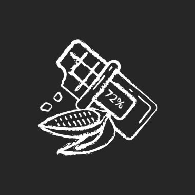 Siyah arkaplanda siyah tebeşir beyaz simgesi. Sağlıklı beslenme planı. Vegan çikolatası. Kakao fasulyesi. Eko ürün tipleri. Vejetaryen yaşam tarzı. İzole edilmiş vektör karatahta çizimi