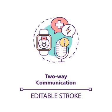 Çift yönlü iletişim konsepti ikonu. Sağlık izleme fikri ince çizgi çizimi. Tıbbi alarm sistemi. Bilek aşınmış yardım düğmesi. Vektör izole edilmiş RGB renk çizimi. Düzenlenebilir vuruş