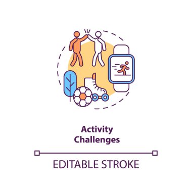 Etkinlik kavram simgesine meydan okuyor. Aygıt kapasitesi fikri ince çizgi çizimi. Spor golleri. Motivasyon. Arkadaşlarla antrenman. Vektör izole edilmiş RGB renk çizimi. Düzenlenebilir vuruş