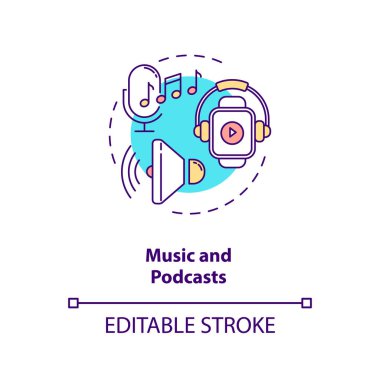 Müzik ve podcast konsept ikonu. Giyilebilir teknoloji fikri ince çizgi çizimi. Mp3 çalar. Ses kitapları ve podcast depolama. Vektör izole edilmiş RGB renk çizimi. Düzenlenebilir vuruş