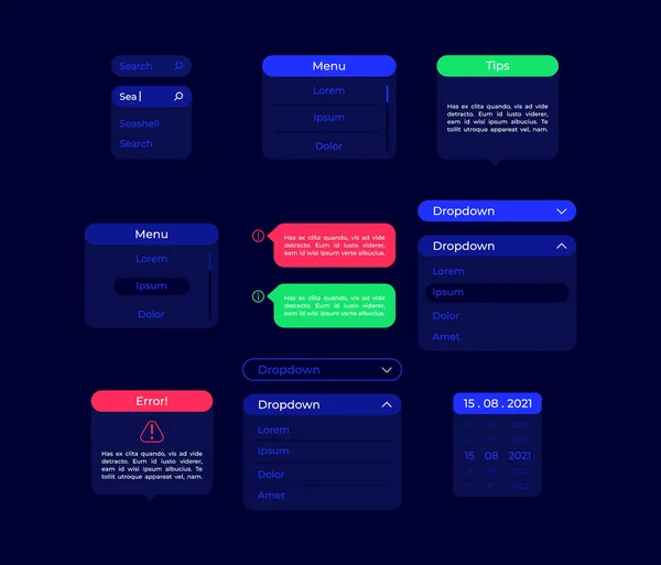 Configuración Kit Elementos Interfaz Usuario Menú Desplegable Consejos Informativos Paneles — Archivo Imágenes Vectoriales