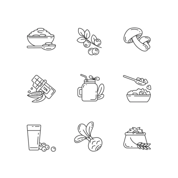 Repas Végétariens Pixel Parfait Icônes Linéaires Ensemble Variété Saine Aliments — Image vectorielle