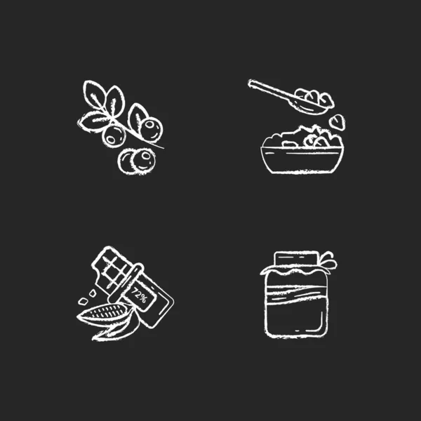 Comidas Vegetarianas Saludables Iconos Blancos Tiza Establecidos Sobre Fondo Negro — Vector de stock