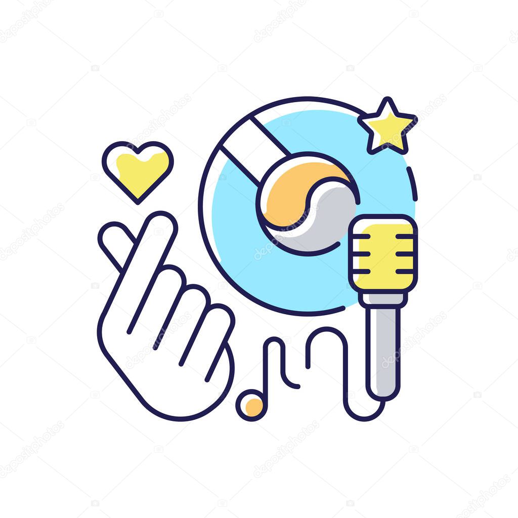 K pop RGB color icon. Musical genres. Microphone with vinyl. Giving love hand. Music loving. Singing songs. Favourite hobby. Isolated vector illustration