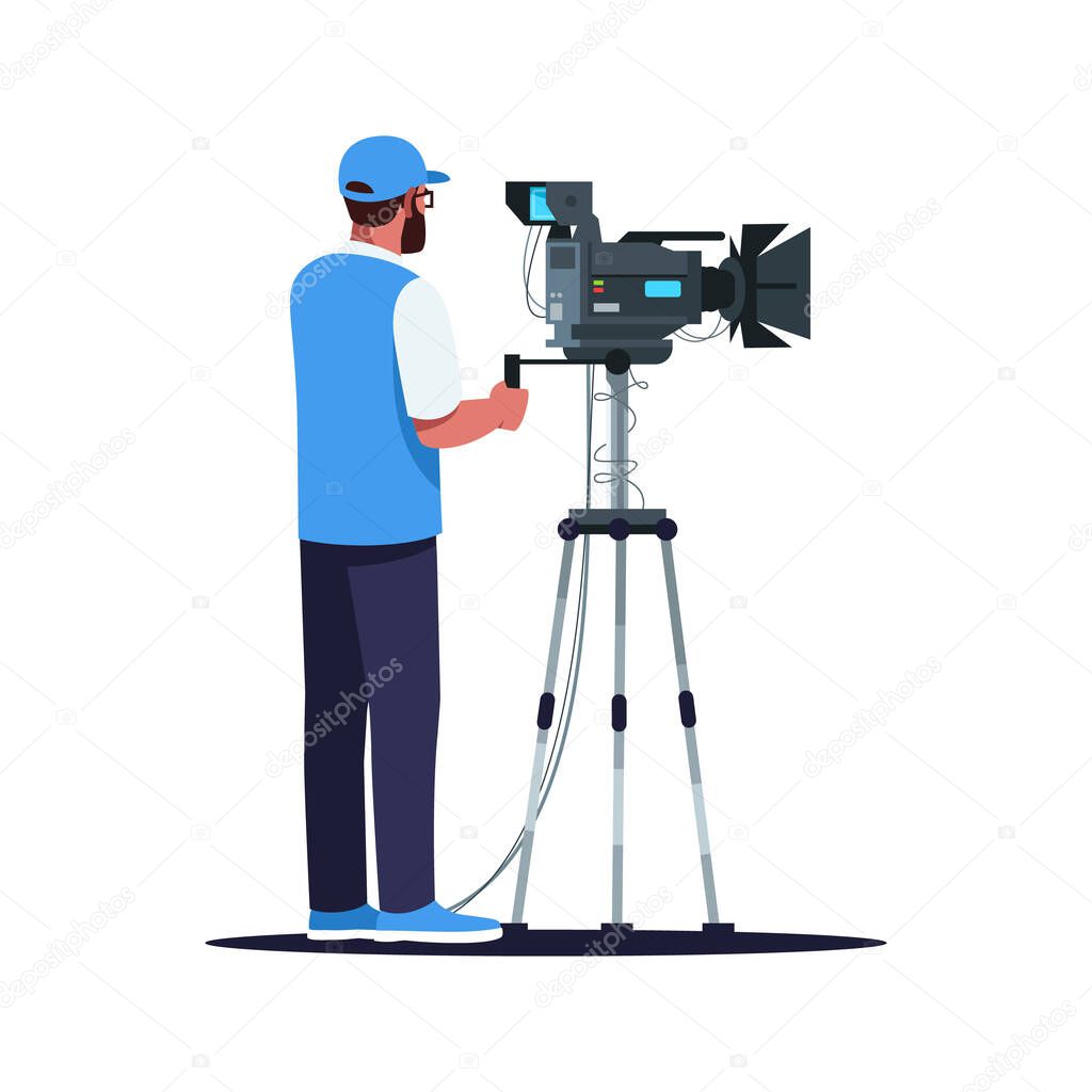 Cameraman semi flat RGB color vector illustration. Popular films creation process. Movie set. Perfect teamwork example. Filming person isolated cartoon character on white background