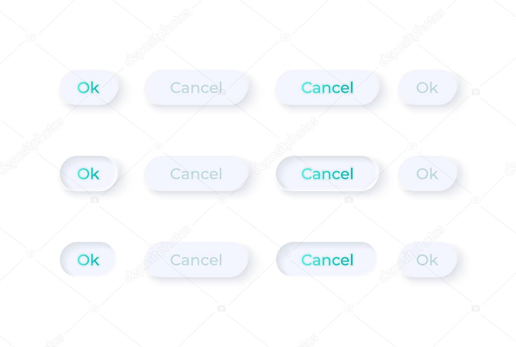 Confirmation buttons UI elements kit. Ok and cancel. Options isolated vector icon, bar and dashboard template. Web design widget collection for mobile application with light theme interface