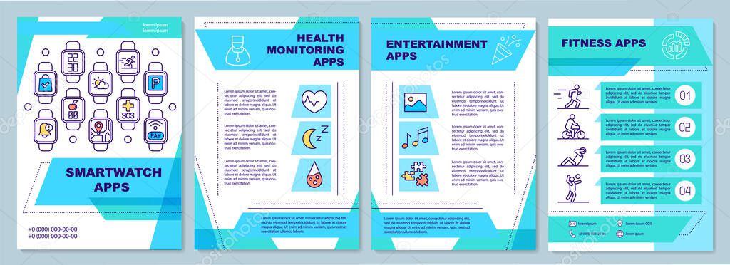 Smartwatch apps brochure template. Health, entertainment, fitness apps. Flyer, booklet, leaflet print, cover design with linear icons. Vector layouts for magazines, annual reports, advertising posters