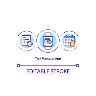 Görev yöneticisi uygulama konsepti simgesi. Akıllı saat planlama programı. Kullanışlı yazılım. Yönetim aracı fikri ince çizgi çizimi. Vektör izole edilmiş RGB renk çizimi. Düzenlenebilir vuruş