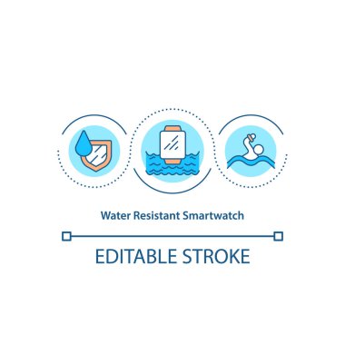Suya dayanıklı ukala konsept ikonu. Kullanılabilir teknoloji. Su geçirmez akıllı saat fikri ince çizgi çizimi. Vektör izole edilmiş RGB renk çizimi. Düzenlenebilir vuruş