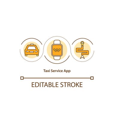 Taksi servisi uygulama konsepti simgesi. Araba siparişi. Şoför servisi. Yazılım fikrinin ince çizgilerini taşıyan yolcu. Vektör izole edilmiş RGB renk çizimi. Düzenlenebilir vuruş