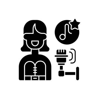 Pop müzik siyah simge simgesi. Stüdyo mikrofonu. Giyinik bir ünlü. Yıldızlı şarkı notaları. Popüler şarkıcılar. Beyaz uzayda siluet sembolü. Vektör izole illüstrasyonu