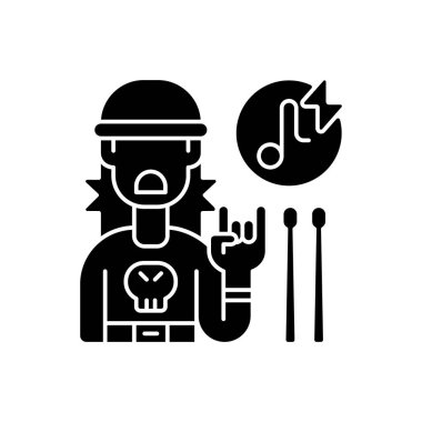 Rock müzik simgesi simgesi. Kazaklı, kafatası olan davulcu çocuk. Tahta bagetler. Zor şarkı tipleri. Kaya işareti görünüyor. Beyaz uzayda siluet sembolü. Vektör izole illüstrasyonu