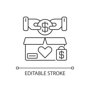 Hayır işi dükkânı pikseli mükemmel doğrusal simge. İndirimli indirimli, kişiselleştirilebilir illüstrasyon. Contour sembolü. Sosyal amaçlar için para topluyorum. Vektör izole çizim. Düzenlenebilir vuruş